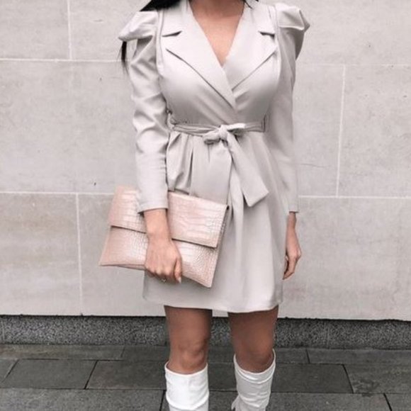 Beige Puff Sleeve Dress - Picture 1 of 10